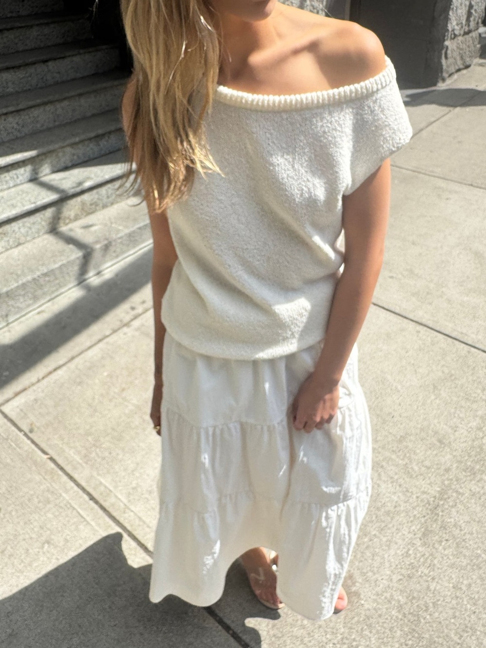 OAK + FORT Relaxed Off the Shoulder Textured Knit Sweater Cream Size S